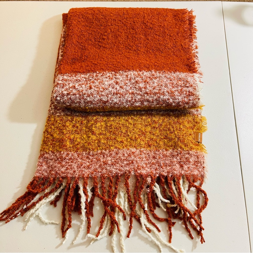 FatFace Cozy Knit Scarf with Fringe Orange/Yellow